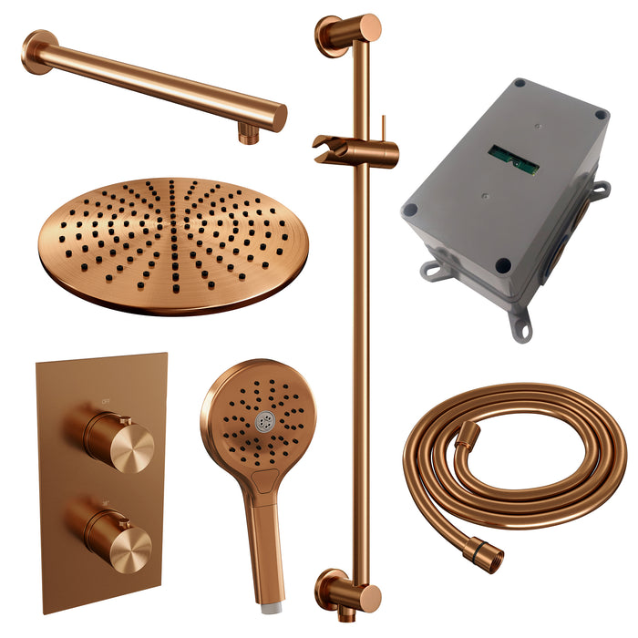 Brauer Copper Edition inbouwset met 3-weg thermostaat - hoofddouche 30cm - rechte wandarm 40cm - ronde 3-standen handdouche - wandaansluiting - Geborsteld Koper PVD - 5-GK-059