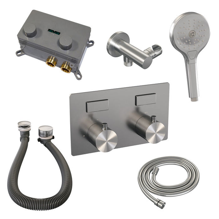 Brauer Gunmetal Carving thermostatische inbouw badkraan met drukknoppen SET 04 met badvulcombinatie en 3-standen handdouche en doucheslang en wandaansluitbocht Geborsteld Gunmetal  PVD -  5-GM-213