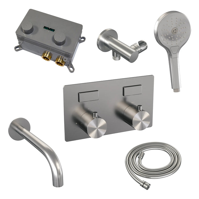 Brauer Gunmetal Edition thermostatische inbouw badkraan met drukknoppen SET 04 met uitloop en 3-standen handdouche en doucheslang en wandaansluitbocht gunmetal geborsteld PVD - 5-GM-211