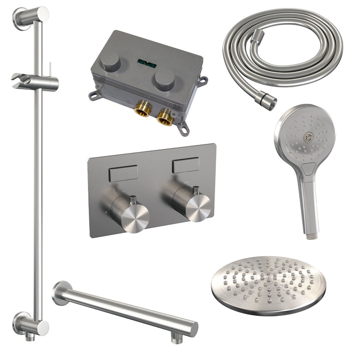 Brauer Gunmetal Carving thermostatische inbouw regendouche met drukknoppen SET 67 met 20 cm douchekop en rechte muurarm en 3-standen handdouche en doucheslang en geïntegreerde glijstang Geborsteld Gunmetal  PVD - 5-GM-202