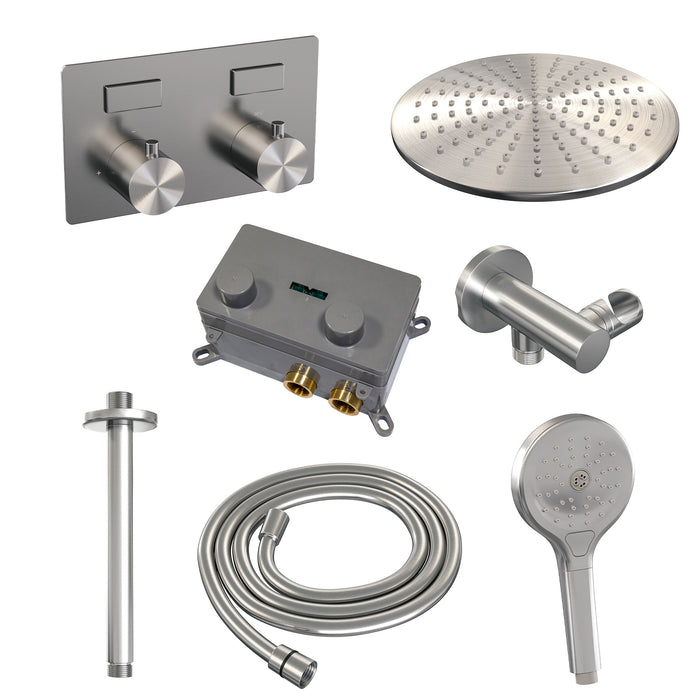 Brauer Gunmetal Edition thermostatische inbouw regendouche met drukknoppen SET 60 met 30 cm douchekop en plafondarm en 3-standen handdouche en doucheslang en wandaansluitbocht Geborsteld Gunmetal PVD -  5-GM-171