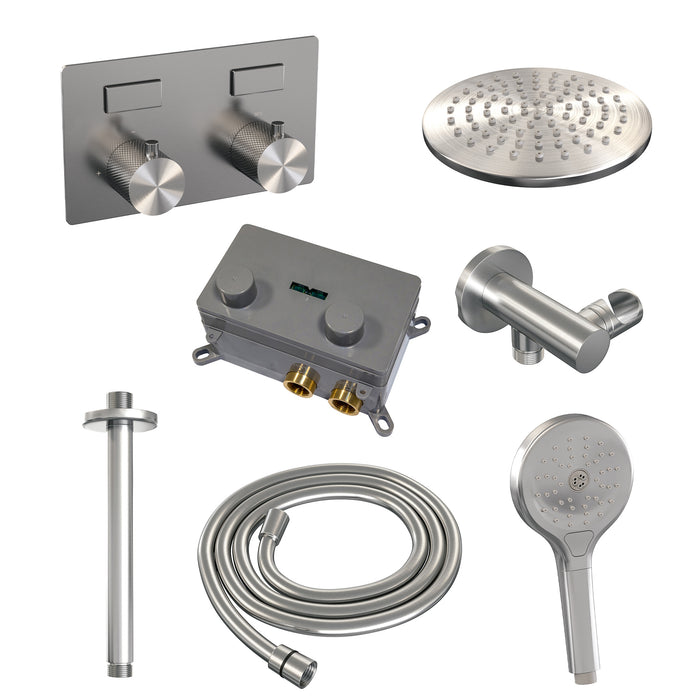 Brauer Gunmetal Carving thermostatische inbouw regendouche met drukknoppen SET 60 met 30 cm douchekop en plafondarm en 3-standen handdouche en doucheslang en wandaansluitbocht Geborsteld Gunmetal PVD - 5-GM-195