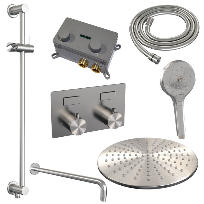 Brauer Gunmetal Edition thermostatische inbouw regendouche met drukknoppen SET 70 met 30 cm douchekop en gebogen muurarm en 3-standen handdouche en doucheslang en geïntegreerde glijstang gunmetal geborsteld PVD -  5-GM-181