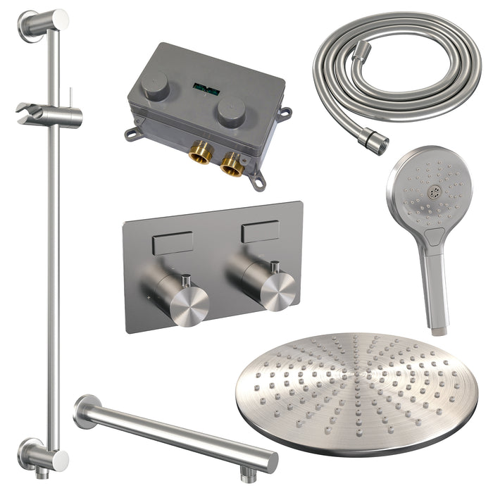 Brauer Gunmetal Edition thermostatische inbouw regendouche met drukknoppen SET 68 met 30 cm douchekop en rechte muurarm en 3-standen handdouche en doucheslang en geïntegreerde glijstang Geborsteld Gunmetal PVD -  5-GM-179