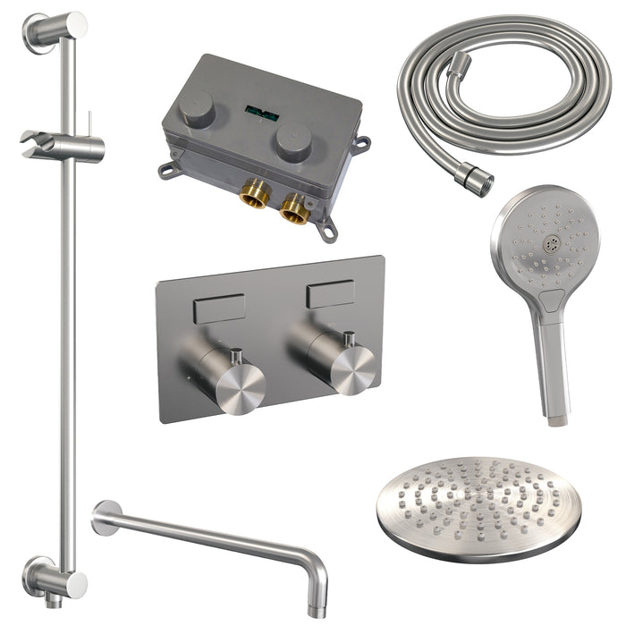 Brauer Gunmetal Edition thermostatische inbouw regendouche met drukknoppen SET 69 met 20 cm douchekop en gebogen muurarm en 3-standen handdouche en doucheslang en geïntegreerde glijstang Geborsteld Gunmetal PVD -  5-GM-180