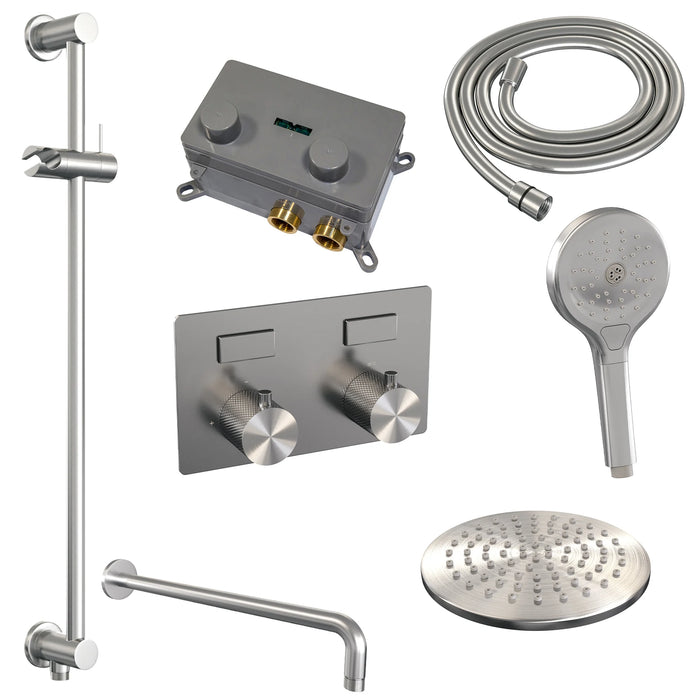 Brauer Gunmetal Carving thermostatische inbouw regendouche met drukknoppen SET 69 met 20 cm douchekop en gebogen muurarm en 3-standen handdouche en doucheslang en geïntegreerde glijstang Geborsteld Gunmetal  PVD