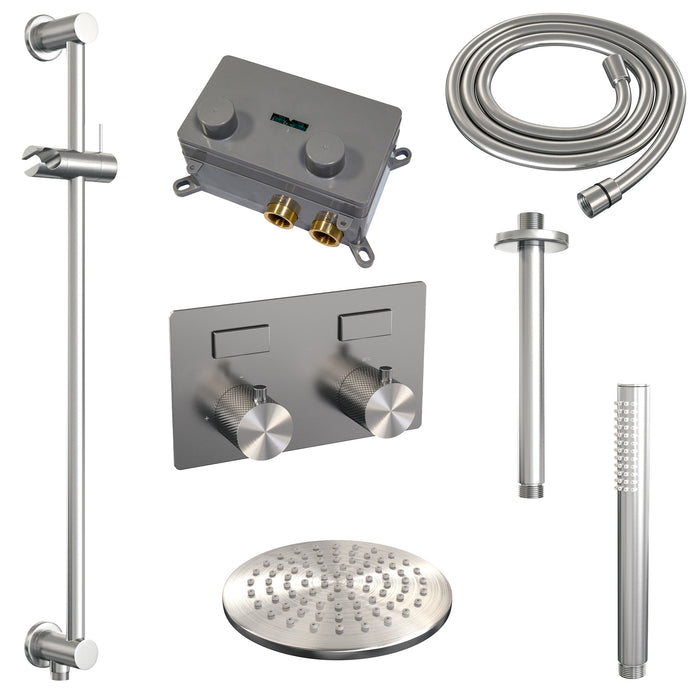 Brauer Gunmetal Carving thermostatische inbouw regendouche met drukknoppen SET 65 met 20 cm douchekop en plafondarm en staaf handdouche en doucheslang en geïntegreerde glijstang Geborsteld Gunmetal PVD -  5-GM-200