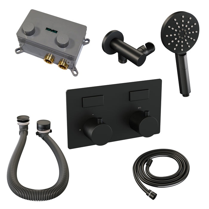 Brauer Black Carving thermostatische inbouw badkraan met drukknoppen SET 04 met badvulcombinatie en 3-standen handdouche en doucheslang en wandaansluitbocht Mat Zwart -  5-S-213