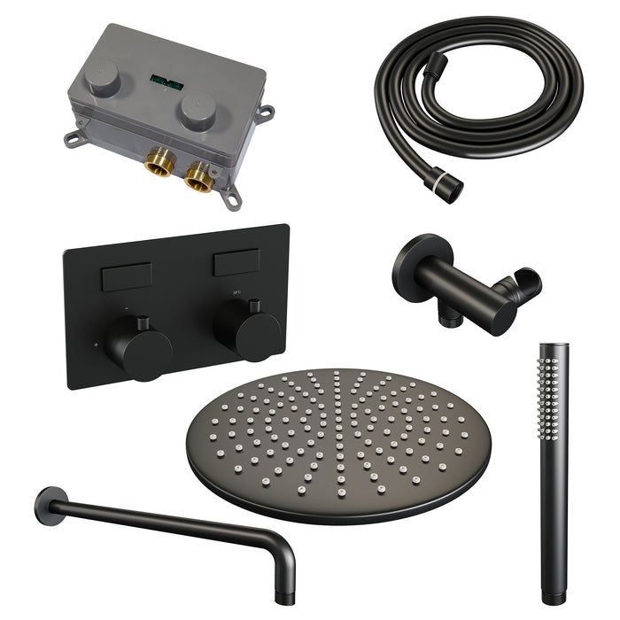 Brauer Gunmetal Edition thermostatische inbouw regendouche met drukknoppen SET 52 met 30 cm douchekop en gebogen muurarm en staaf handdouche en doucheslang en wandaansluitbocht gunmetal geborsteld PVD -  5-GM-163