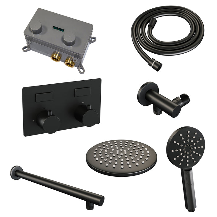 Brauer Black Edition thermostatische inbouw regendouche met drukknoppen SET 55 met 20 cm douchekop en rechte muurarm en 3-standen handdouche en doucheslang en wandaansluitbocht Mat Zwart - 5-S-166