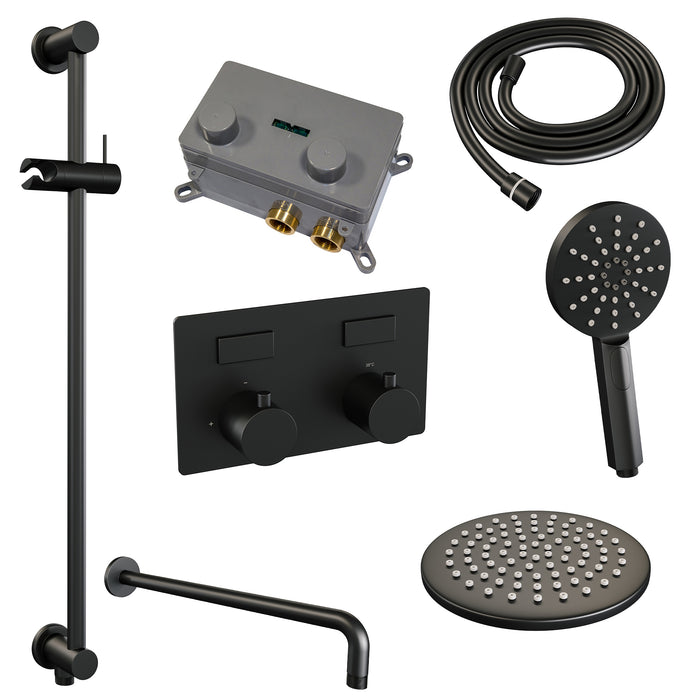 Brauer Black Carving thermostatische inbouw regendouche met drukknoppen SET 70 met 30 cm douchekop en gebogen muurarm en 3-standen handdouche en doucheslang en geïntegreerde glijstang Mat Zwart -  5-S-205