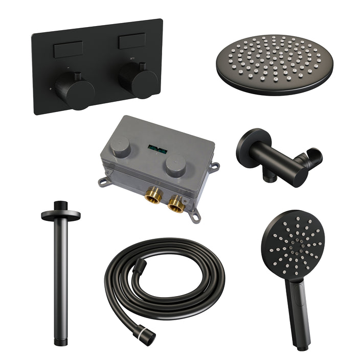 Brauer Gunmetal Carving thermostatische inbouw regendouche met drukknoppen SET 60 met 30 cm douchekop en plafondarm en 3-standen handdouche en doucheslang en wandaansluitbocht Geborsteld Gunmetal PVD - 5-GM-195