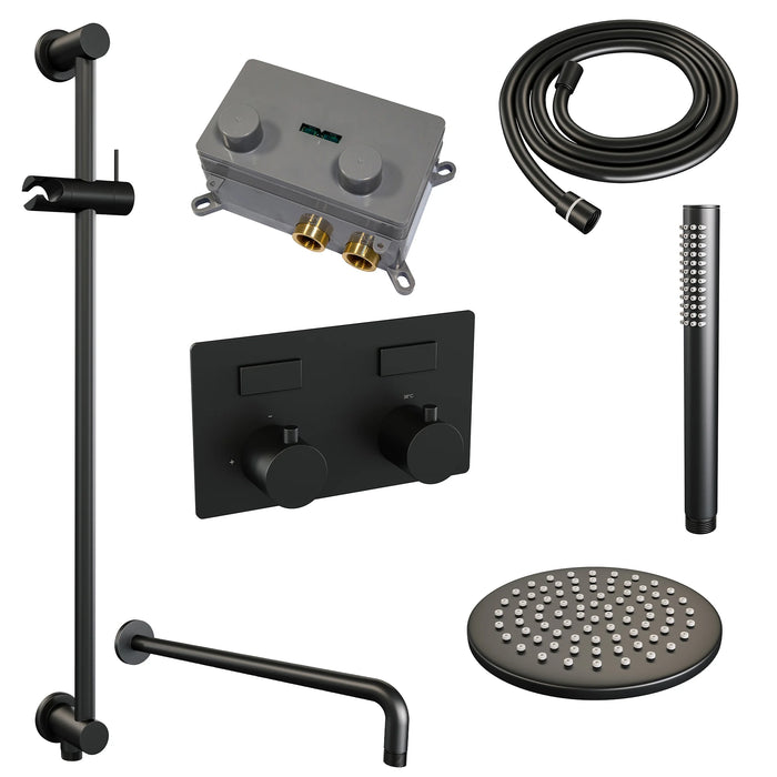 Brauer Black Edition thermostatische inbouw regendouche met drukknoppen SET 63 met 20 cm douchekop en gebogen muurarm en staaf handdouche en doucheslang en geïntegreerde glijstang Mat Zwart -  5-S-174