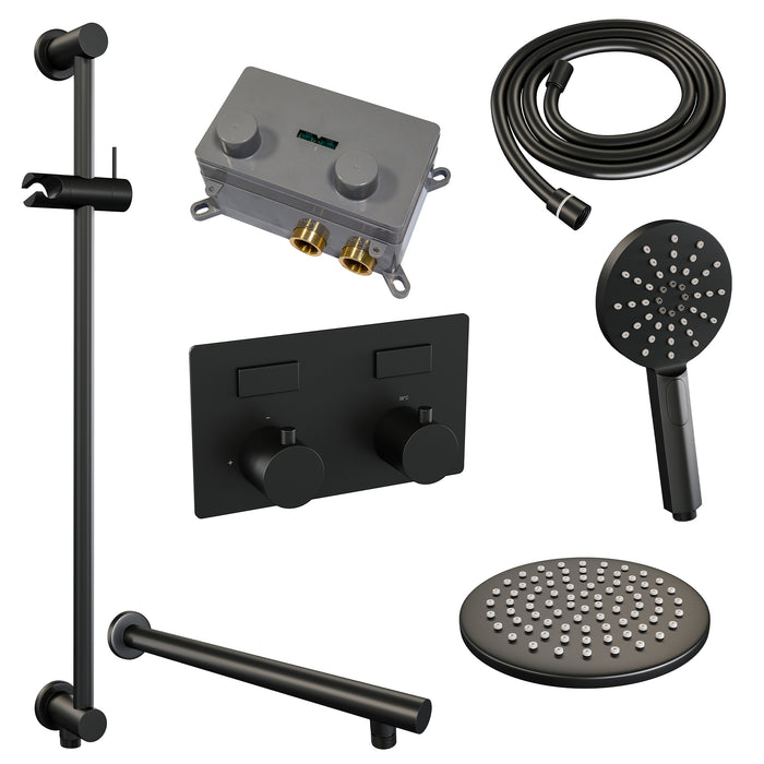 Brauer Black Edition thermostatische inbouw regendouche met drukknoppen SET 67 met 20 cm douchekop en rechte muurarm en 3-standen handdouche en doucheslang en geïntegreerde glijstang Mat Zwart -  5-S-178