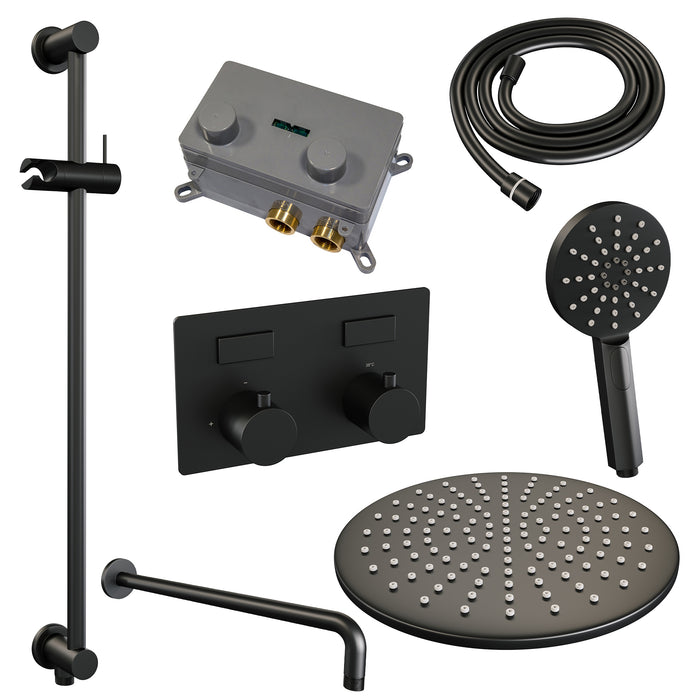 Brauer Gunmetal Edition thermostatische inbouw regendouche met drukknoppen SET 70 met 30 cm douchekop en gebogen muurarm en 3-standen handdouche en doucheslang en geïntegreerde glijstang gunmetal geborsteld PVD -  5-GM-181