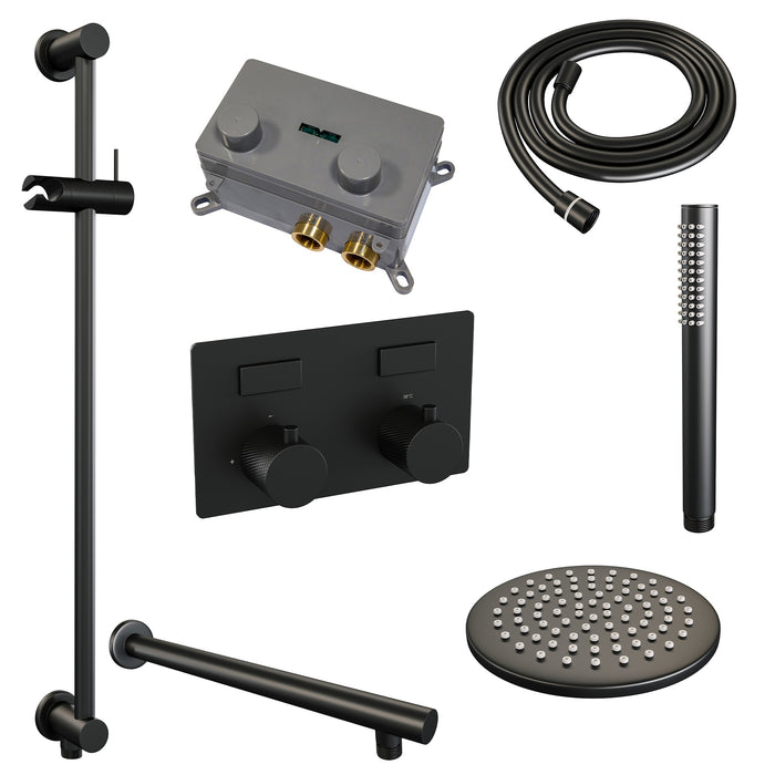 Brauer Gunmetal Carving thermostatische inbouw regendouche met drukknoppen SET 61 met 20 cm douchekop en rechte muurarm en staaf handdouche en doucheslang en geïntegreerde glijstang Geborsteld Gunmetal PVD - 5-GM-196