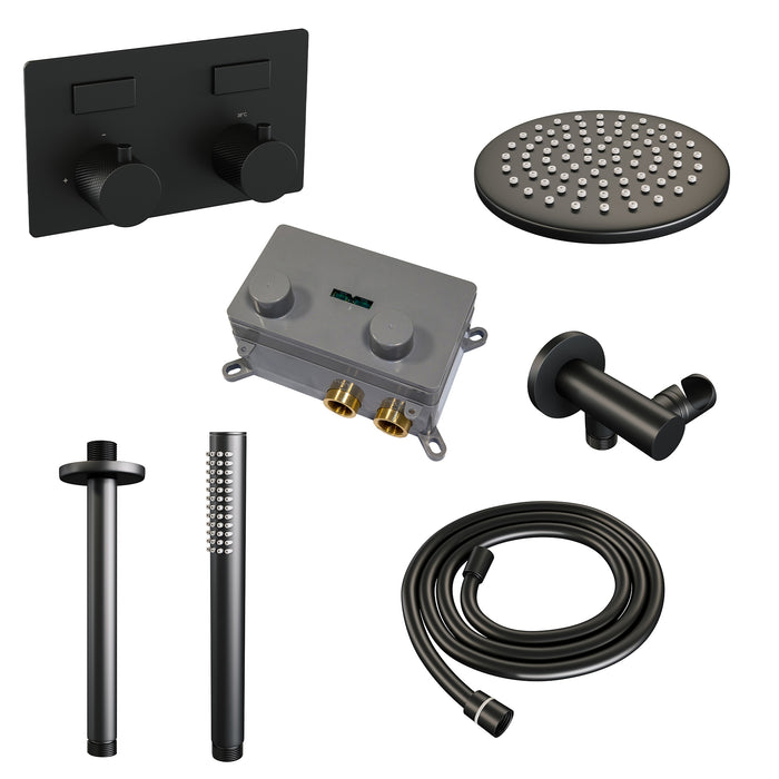 Brauer Gunmetal Carving thermostatische inbouw regendouche met drukknoppen SET 53 met 20 cm douchekop en plafondarm en staaf handdouche en doucheslang en wandaansluitbocht Geborsteld Gunmetal PVD -  5-GM-188